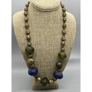Vintage Blue Green Tumbled Glass Brass Beaded Necklace 24"